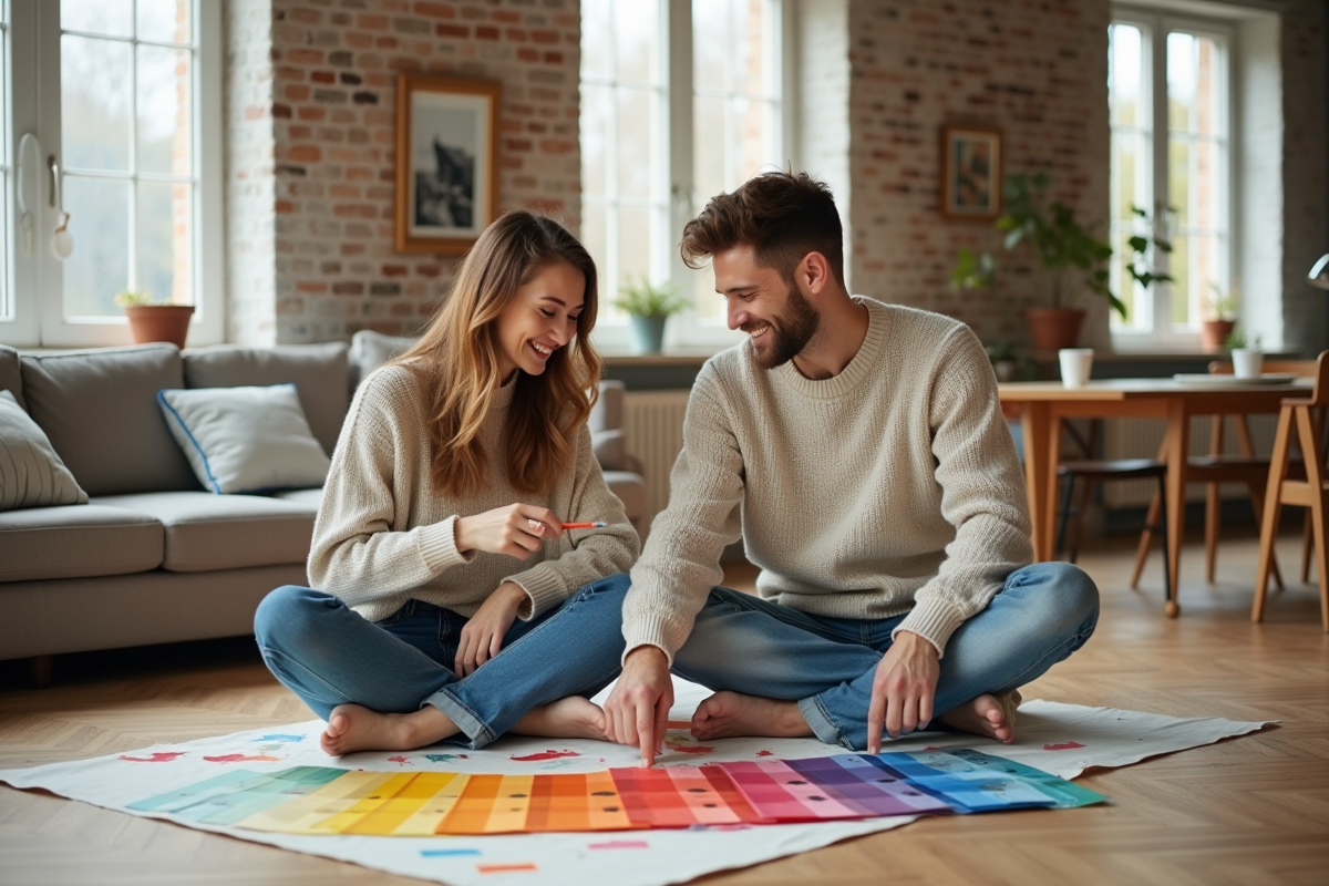 Jeune couple riant avec échantillons de peinture dans un appartement
