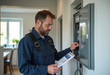 Normes électriques 2025 : Tout savoir sur les dernières nouveautés ! Électricien en overalls examinant un panneau électrique moderne