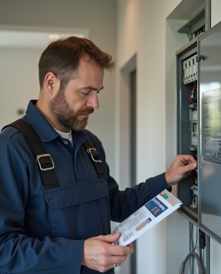 Électricien en overalls examinant un panneau électrique moderne