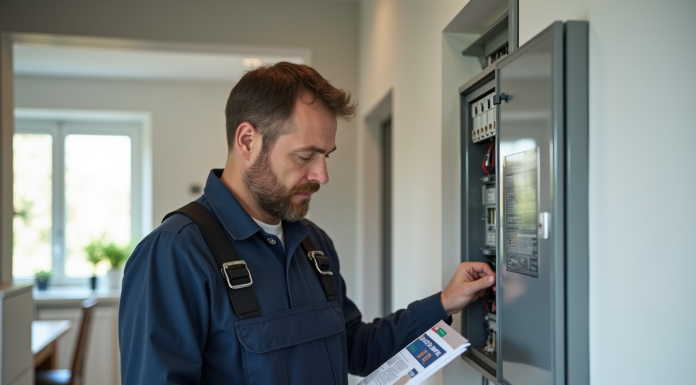 Électricien en overalls examinant un panneau électrique moderne