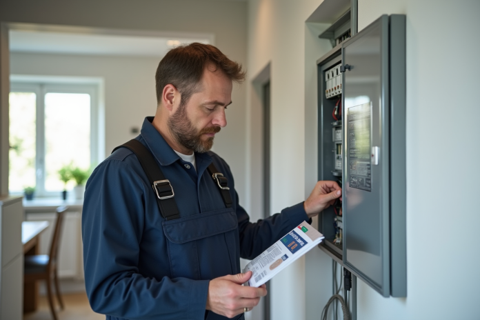 electricien-normes-2025 Électricien en overalls examinant un panneau électrique moderne