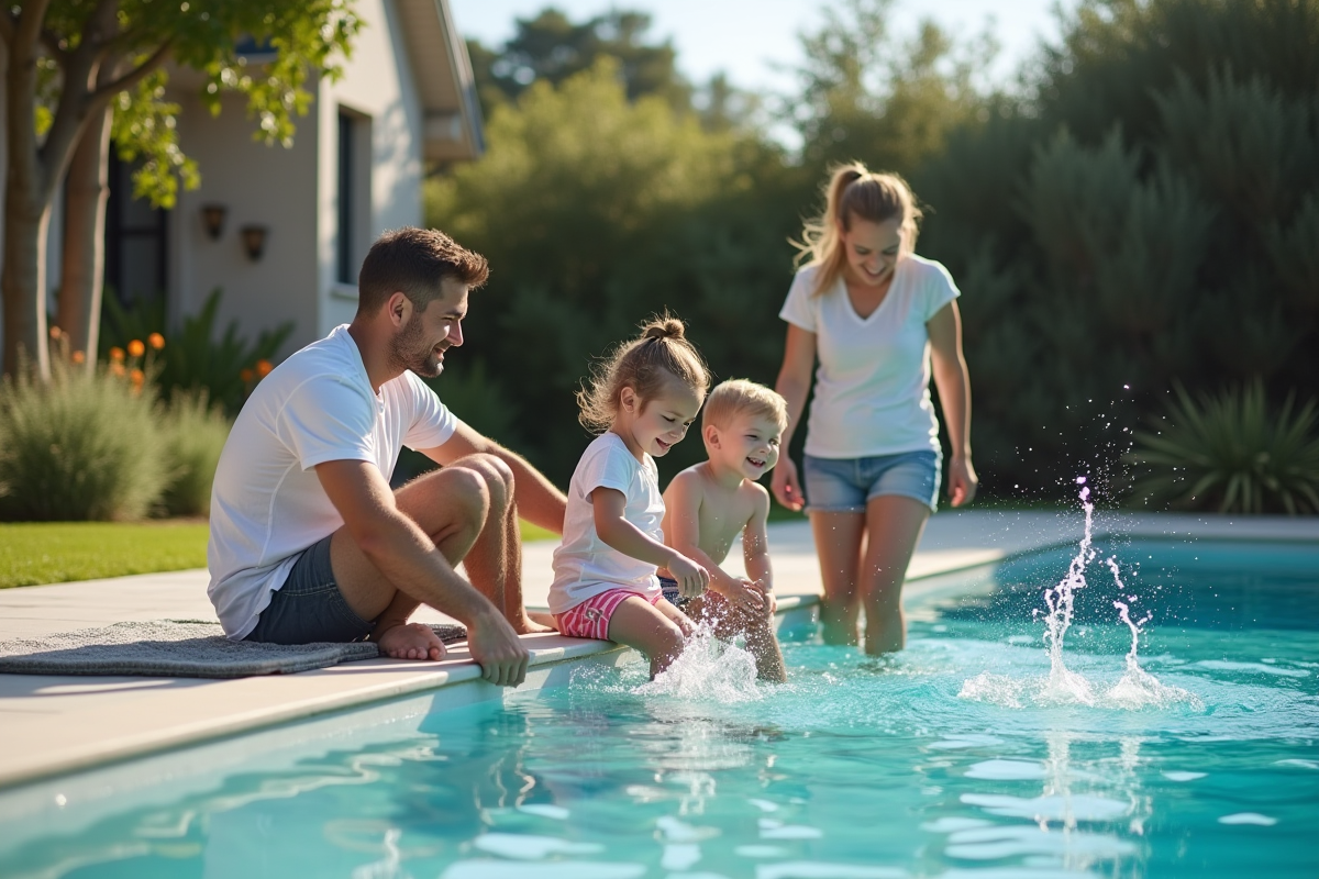 Famille jouant dans une piscine de jardin ensoleillee