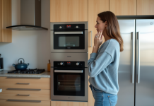 Peut-on placer un four au-dessus d’un réfrigérateur : conseils et précautions Femme examinant une cuisine avec four et frigo encastrés