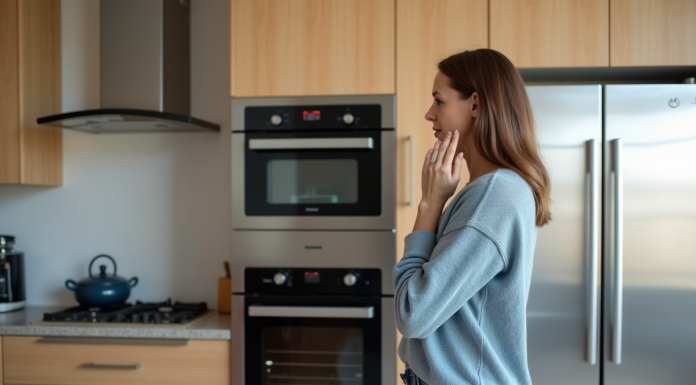Femme examinant une cuisine avec four et frigo encastrés