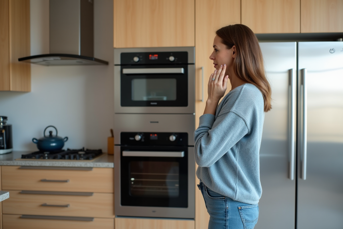 Femme examinant une cuisine avec four et frigo encastrés