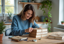 Femme emballant des livres dans une cuisine lumineuse