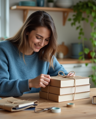 Femme emballant des livres dans une cuisine lumineuse