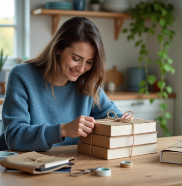 Femme emballant des livres dans une cuisine lumineuse