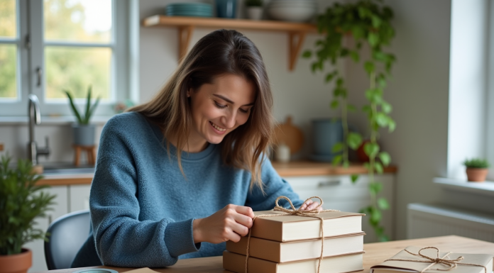 Femme emballant des livres dans une cuisine lumineuse