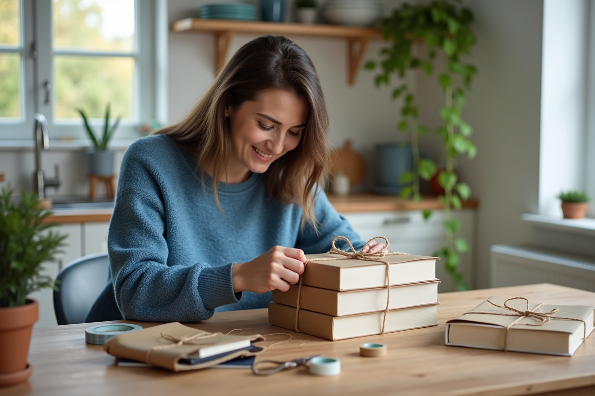 Femme emballant des livres dans une cuisine lumineuse
