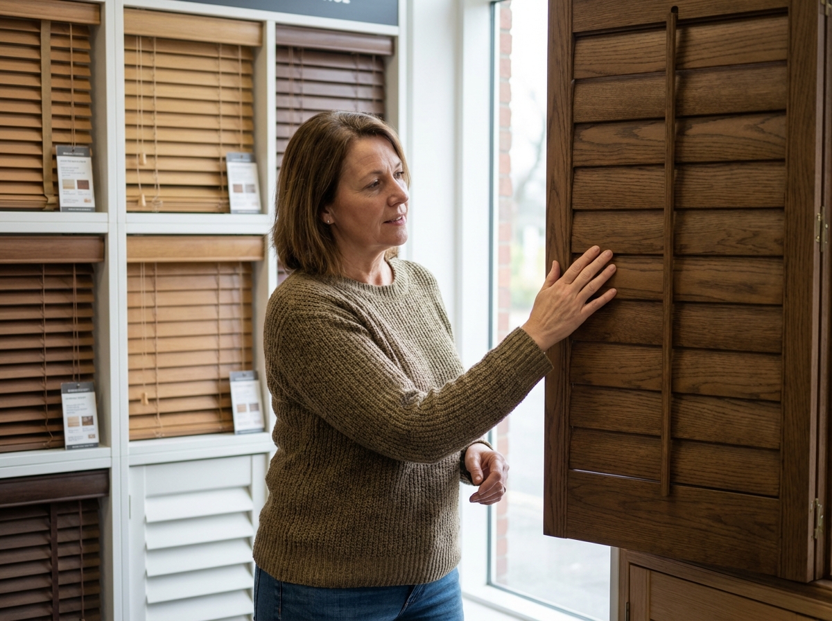 Femme examinant des volets en bois dans un magasin de bricolage