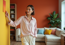 Couleur la plus lumineuse : comment la choisir pour illuminer votre intérieur ? Femme en intérieur moderne avec échantillons de couleurs