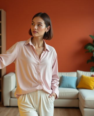 Femme en intérieur moderne avec échantillons de couleurs