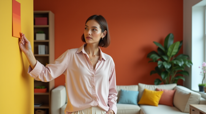 Femme en intérieur moderne avec échantillons de couleurs