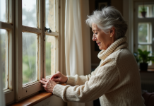 Femme appliquant du calfeutrage sur une vieille fenêtre en bois