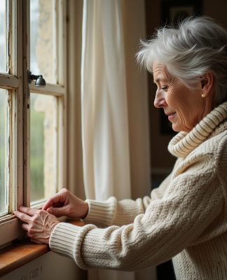 Femme appliquant du calfeutrage sur une vieille fenêtre en bois