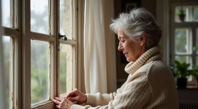 Femme appliquant du calfeutrage sur une vieille fenêtre en bois