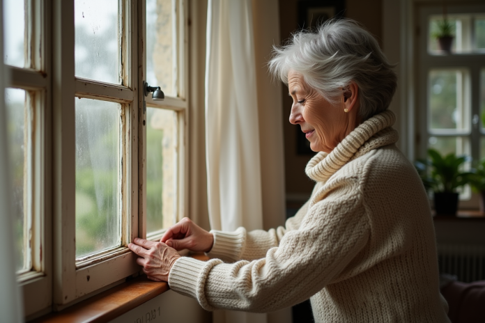Femme appliquant du calfeutrage sur une vieille fenêtre en bois
