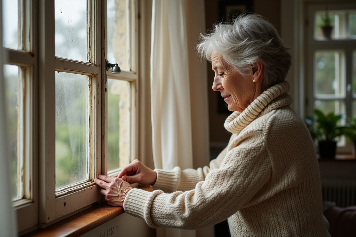 Femme appliquant du calfeutrage sur une vieille fenêtre en bois