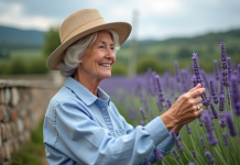 Femme âgée touchant une lavande en jardin paisible