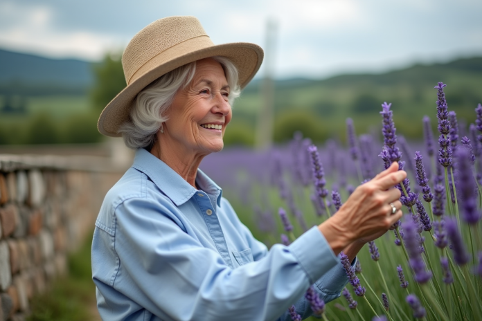 Femme âgée touchant une lavande en jardin paisible
