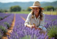 Femme mesurant des rangs de lavande en Provence