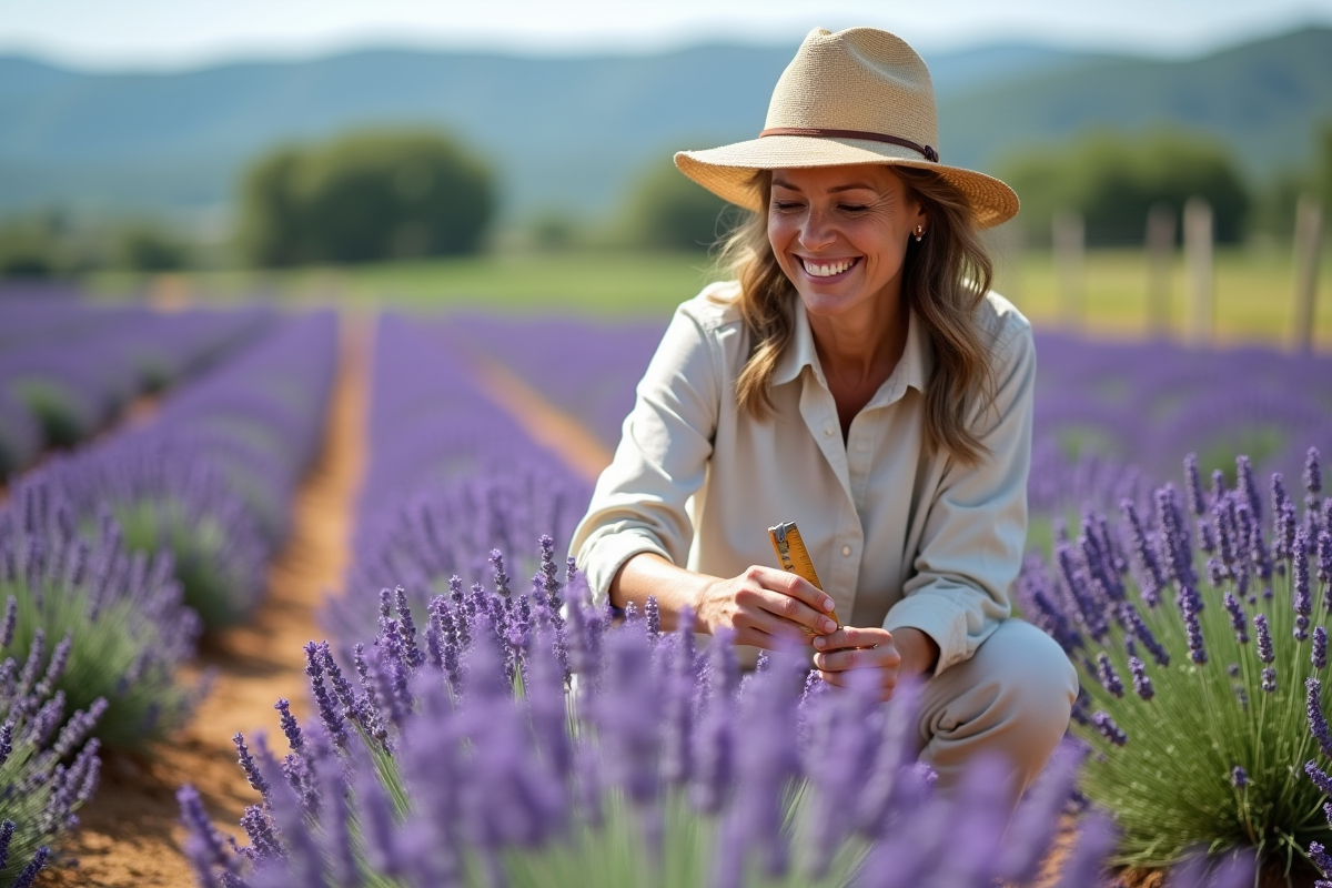 Femme mesurant des rangs de lavande en Provence