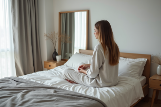 Jeune femme en pyjama regardant un miroir dans une chambre minimaliste