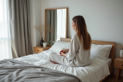 Jeune femme en pyjama regardant un miroir dans une chambre minimaliste