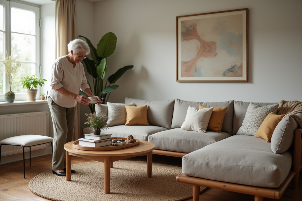 Femme arrange livres et décoration sur une table ronde