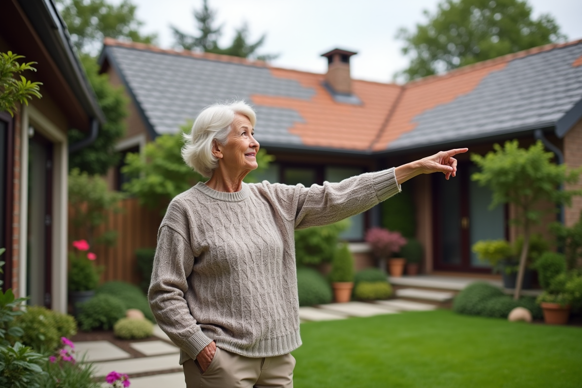 Femme retraitée pointant vers le toit avec tuiles variées dans son jardin