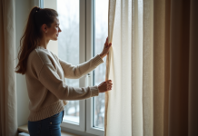 Bloquer le froid : comment choisir le meilleur rideau isolant ? Femme tirant un rideau thermique dans un appartement moderne