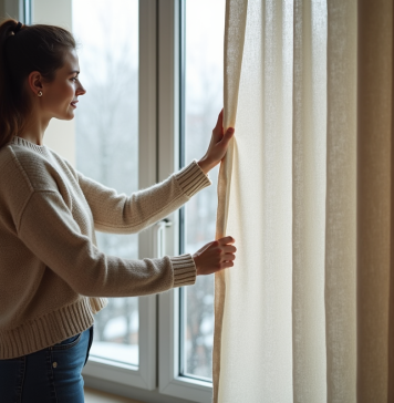 Bloquer le froid : comment choisir le meilleur rideau isolant ? Femme tirant un rideau thermique dans un appartement moderne