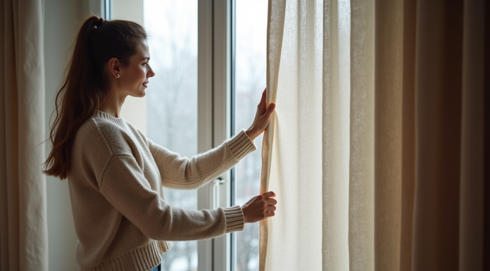 Femme tirant un rideau thermique dans un appartement moderne