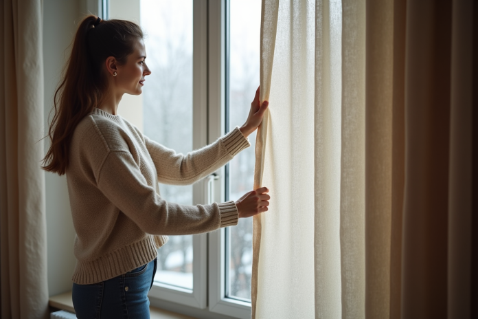 femme-rideau-isolation Femme tirant un rideau thermique dans un appartement moderne