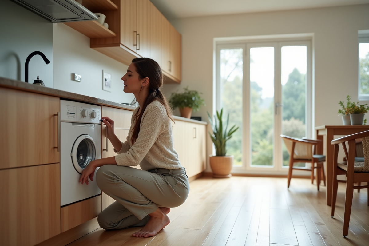 Jeune femme près d’un système de ventilation dans une cuisine lumineuse