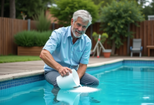 Traitement choc au chlore pour piscine : guide exhaustif pour néophytes Homme versant du chlore dans une piscine extérieure