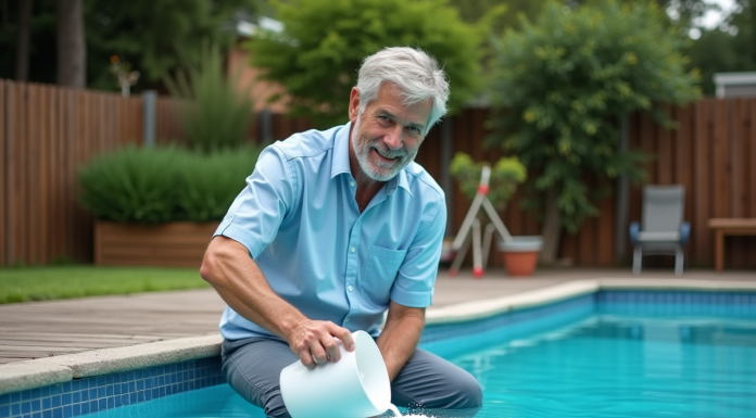 Homme versant du chlore dans une piscine extérieure