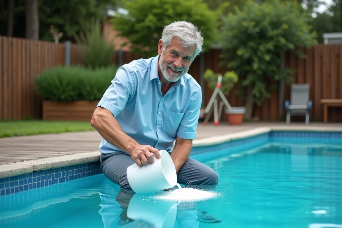 Homme versant du chlore dans une piscine extérieure