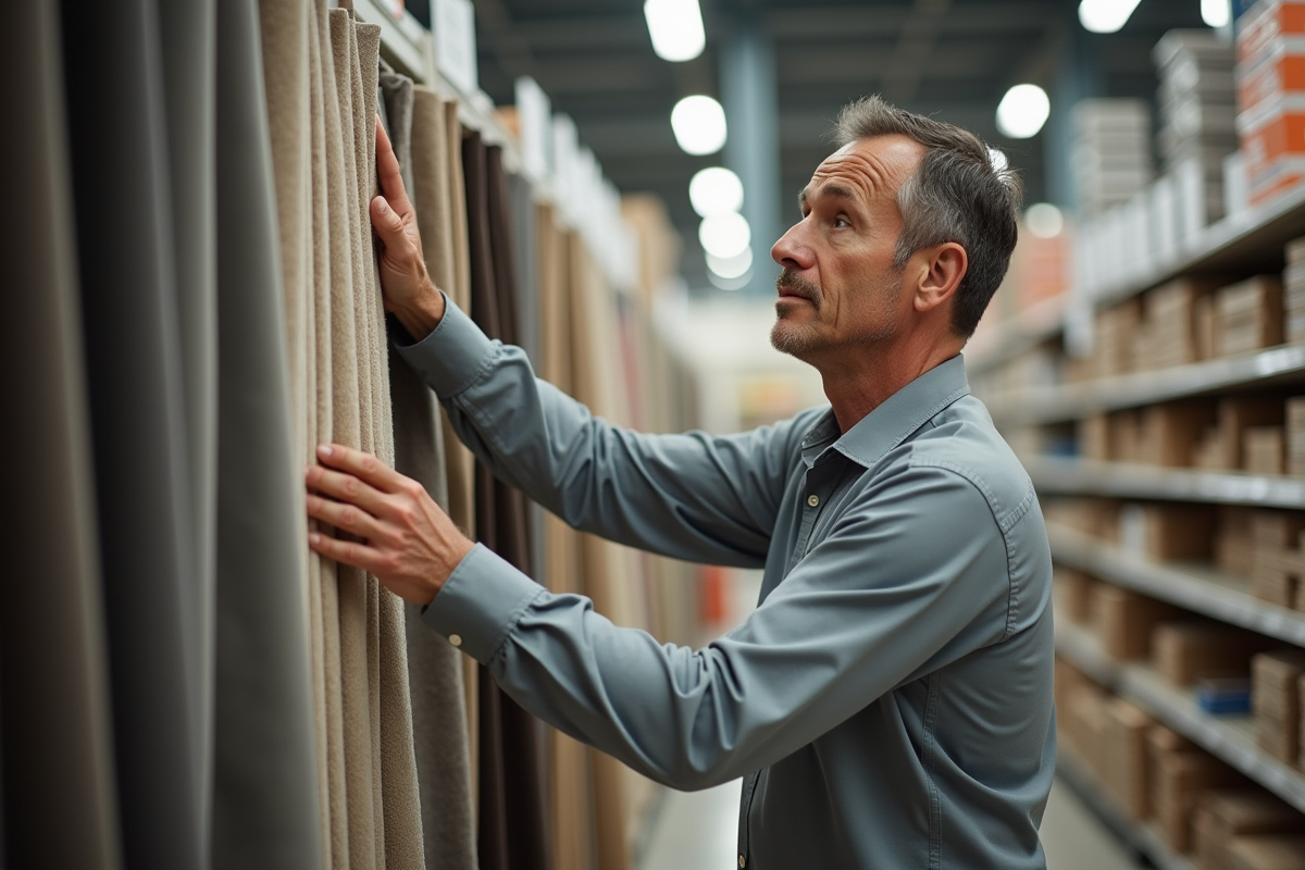 Homme examinant des échantillons de rideaux dans un magasin
