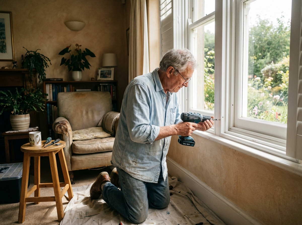Homme installant des volets blancs dans un salon lumineux