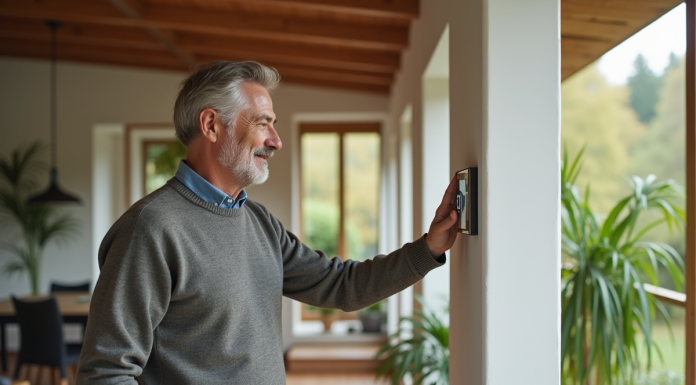 Homme ajustant un thermostat dans une maison passive moderne