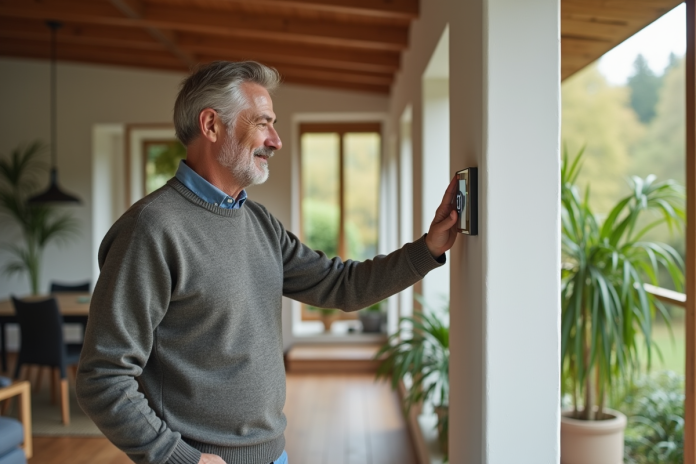 Homme ajustant un thermostat dans une maison passive moderne