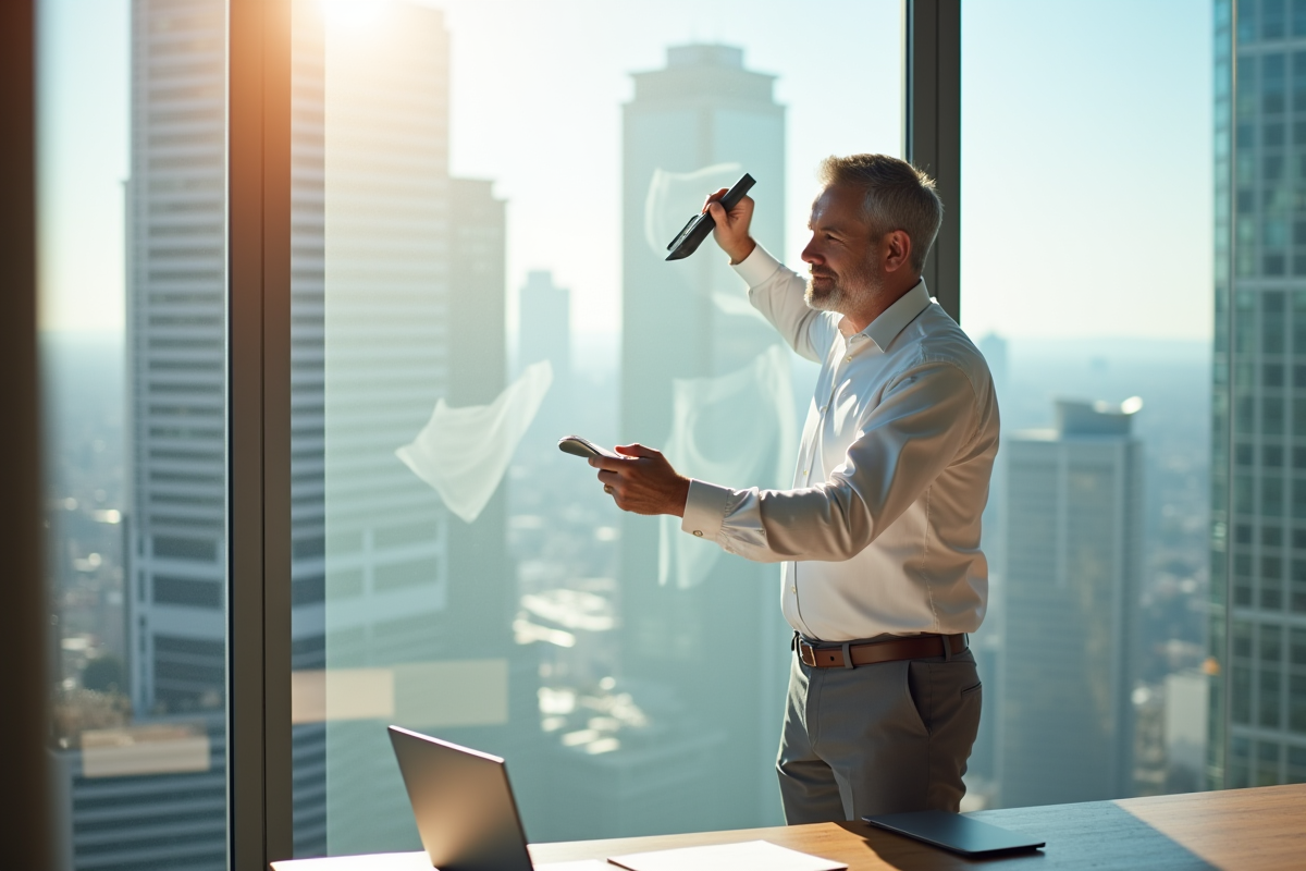 Homme installant un film solaire dans un bureau moderne