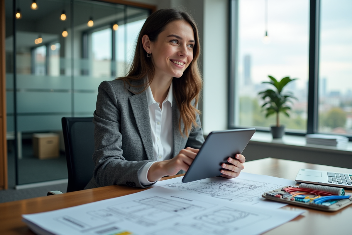 Jeune ingénieure en blazer mettant à jour un schéma électrique