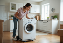 Lave-linge : déménagement facile et rapide en 5 étapes essentielles ! Jeune femme déplaçant une machine à laver dans un appartement moderne
