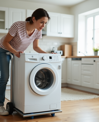 Jeune femme déplaçant une machine à laver dans un appartement moderne