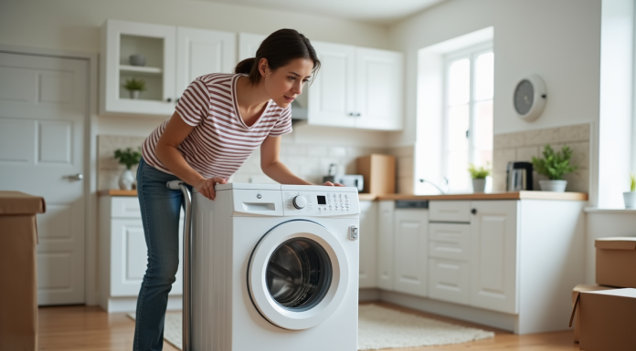 Jeune femme déplaçant une machine à laver dans un appartement moderne
