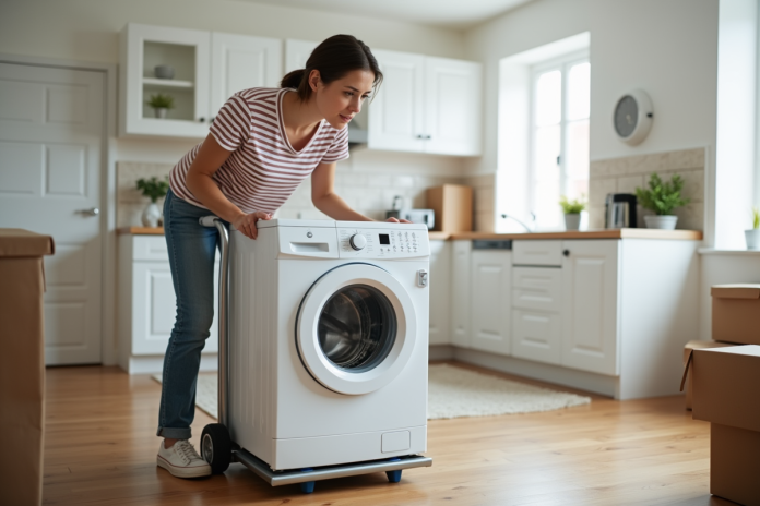 Jeune femme déplaçant une machine à laver dans un appartement moderne