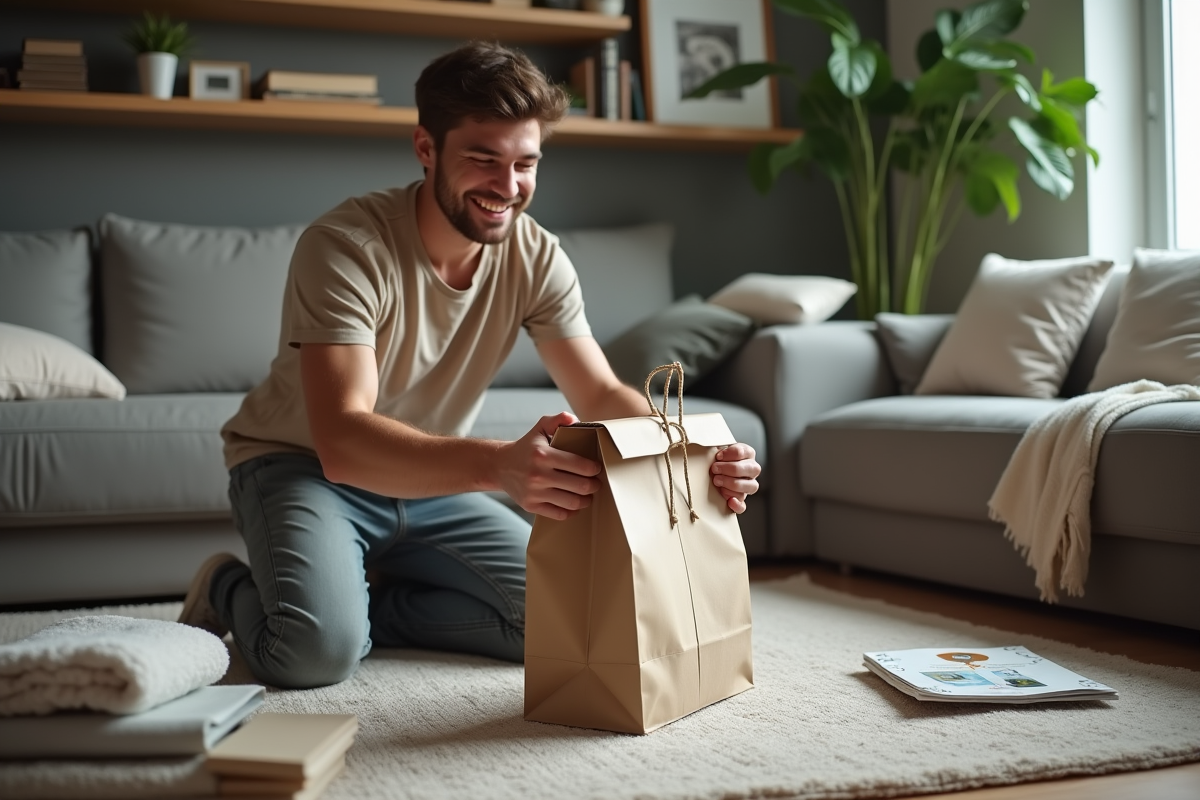 Jeune homme emballant un appareil dans un sac en toile